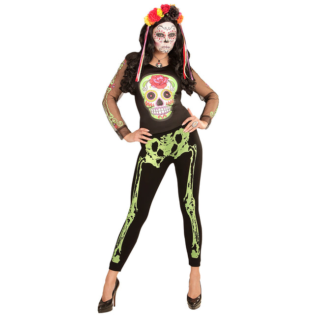 Legging Halloween Verde Neón Esqueleto