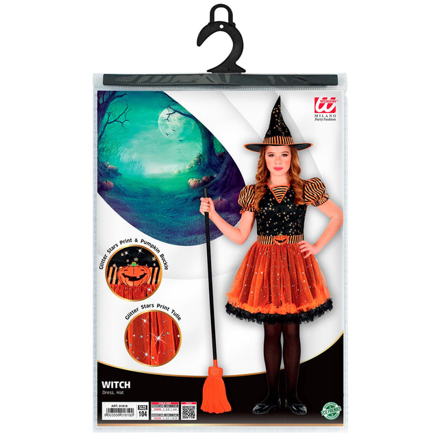 Vestido Halloween Negro Naranja Niña Bruja