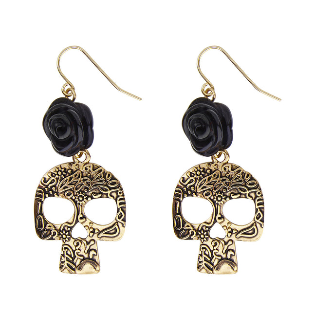 Pendientes Halloween Oro Calavera Negra