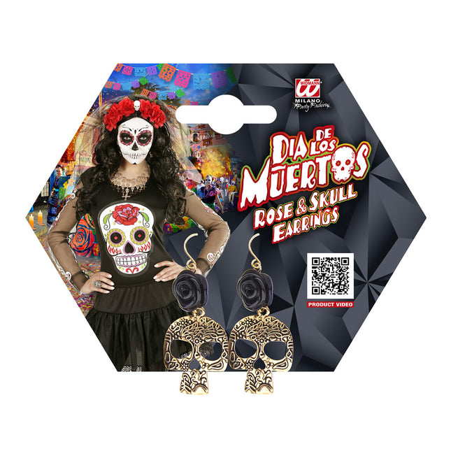 Pendientes Halloween Oro Calavera Negra