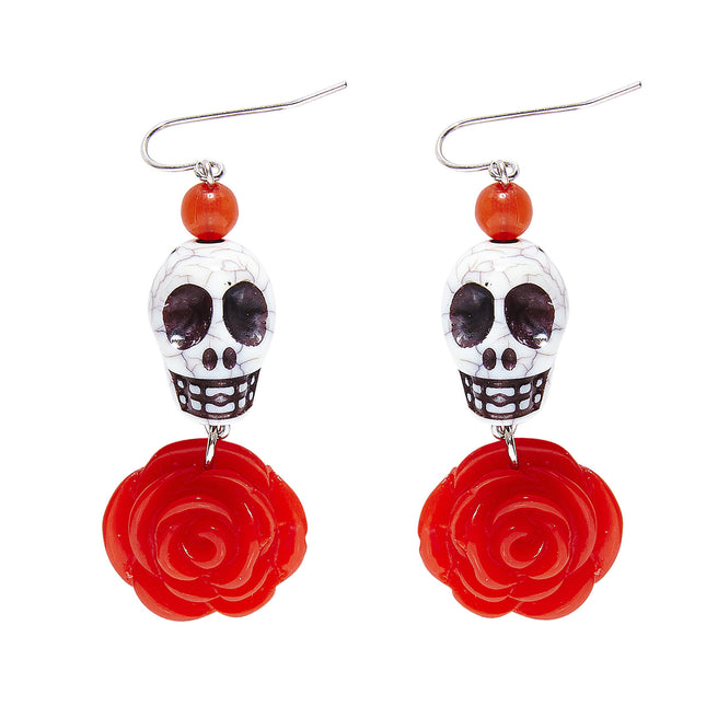 Pendientes Halloween Rojo Blanco Calaveras Con Rosa