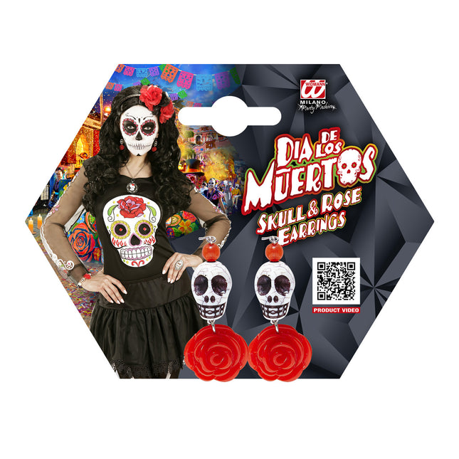 Pendientes Halloween Rojo Blanco Calaveras Con Rosa