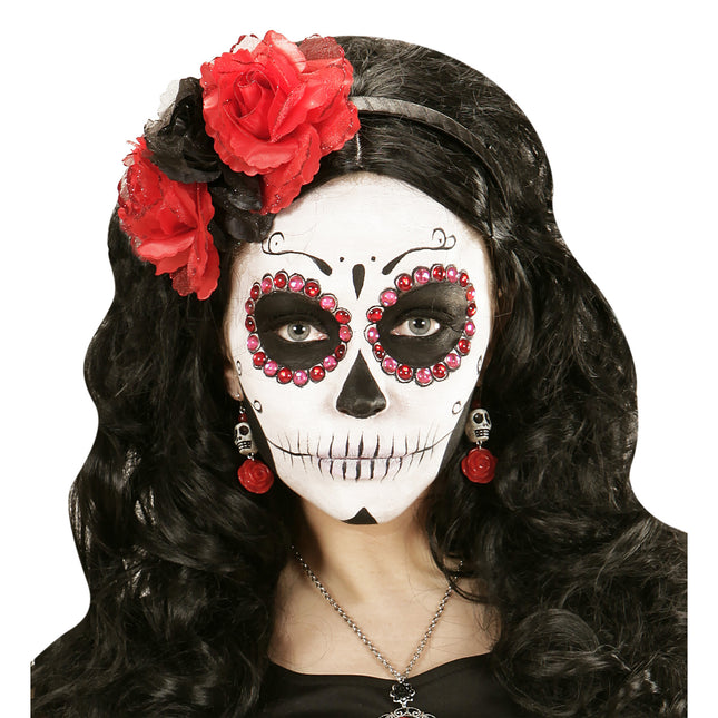 Pendientes Halloween Rojo Blanco Calaveras Con Rosa