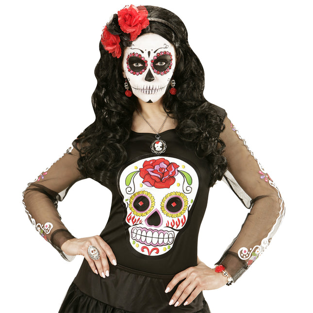 Pendientes Halloween Rojo Blanco Calaveras Con Rosa