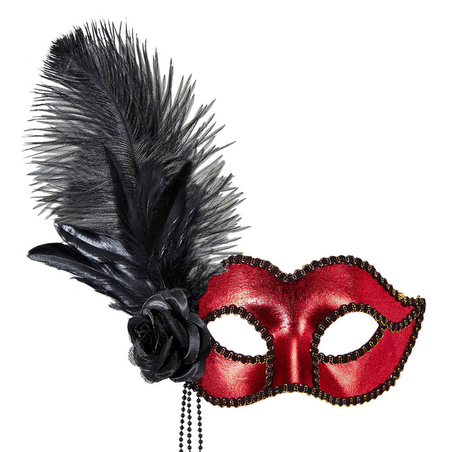 Antifaz Negro Rojo Con Plumas