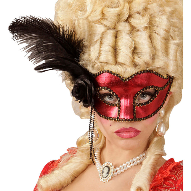 Antifaz Negro Rojo Con Plumas