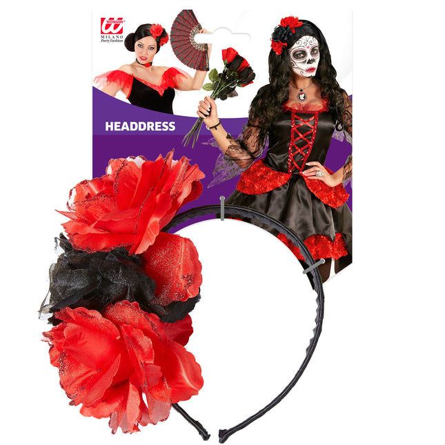 Diadema Día De Los Muertos Flores Rojo Negro
