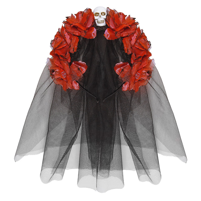 Diadema Halloween Velo Negro Rojo