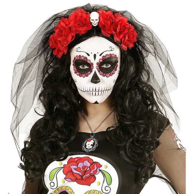 Diadema Halloween Velo Negro Rojo