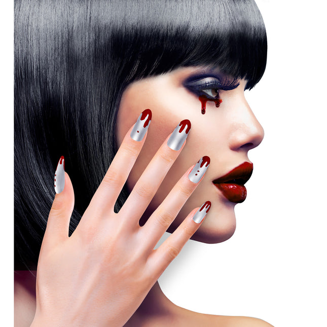 Uñas postizas de Halloween Sangre plateada
