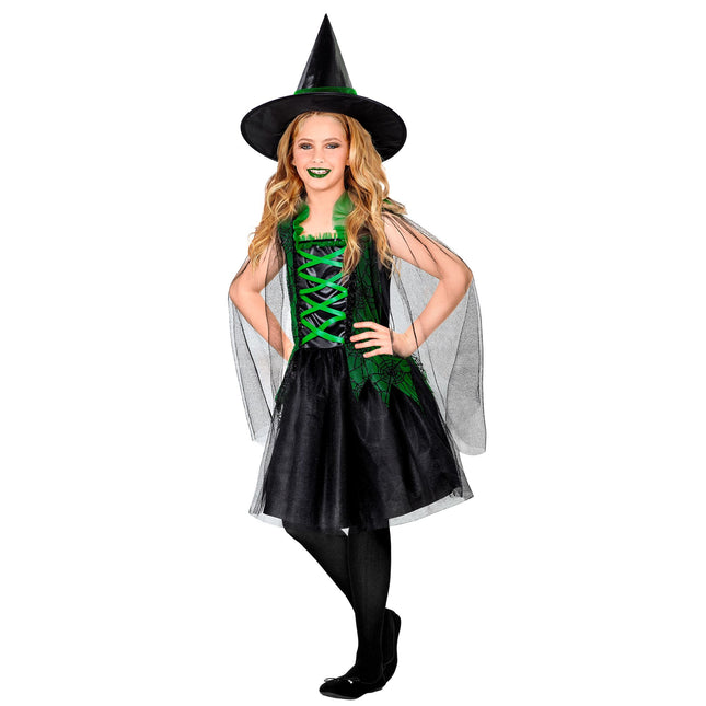 Vestido Halloween Negro Verde Niña Bruja 2 piezas