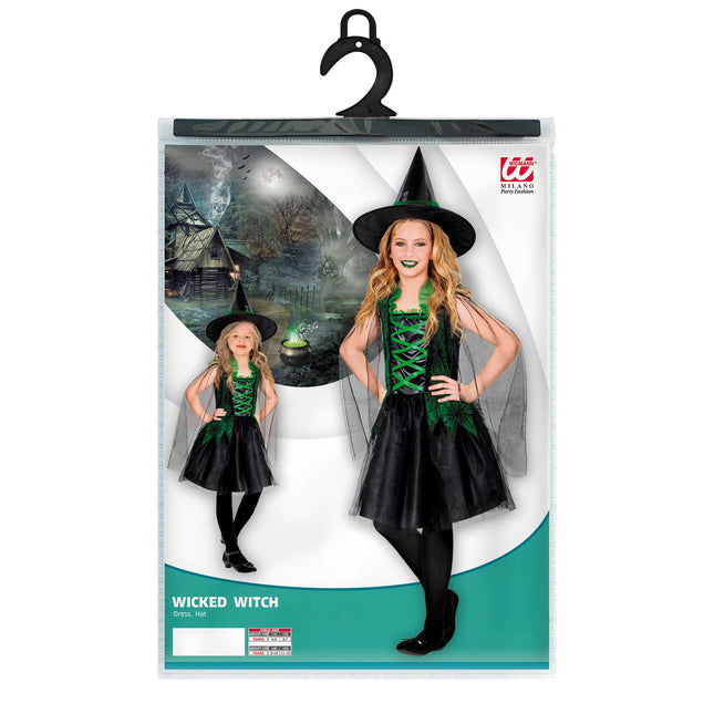 Vestido Halloween Negro Verde Niña Bruja 2 piezas