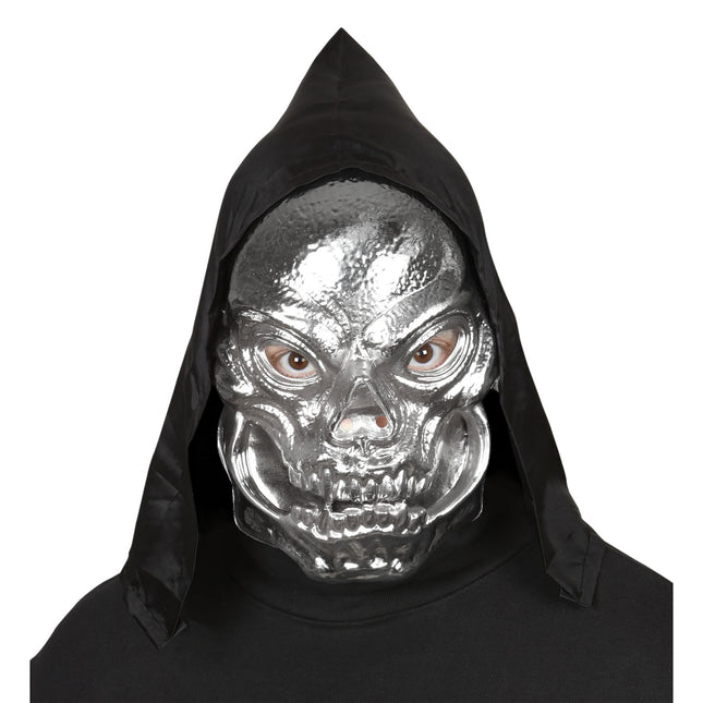 Máscara Halloween Calavera Plateada Con Gorro