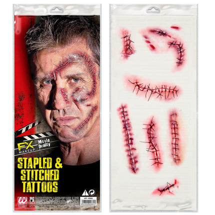 Tatuajes falsos de Halloween Grapas y suturas rojas