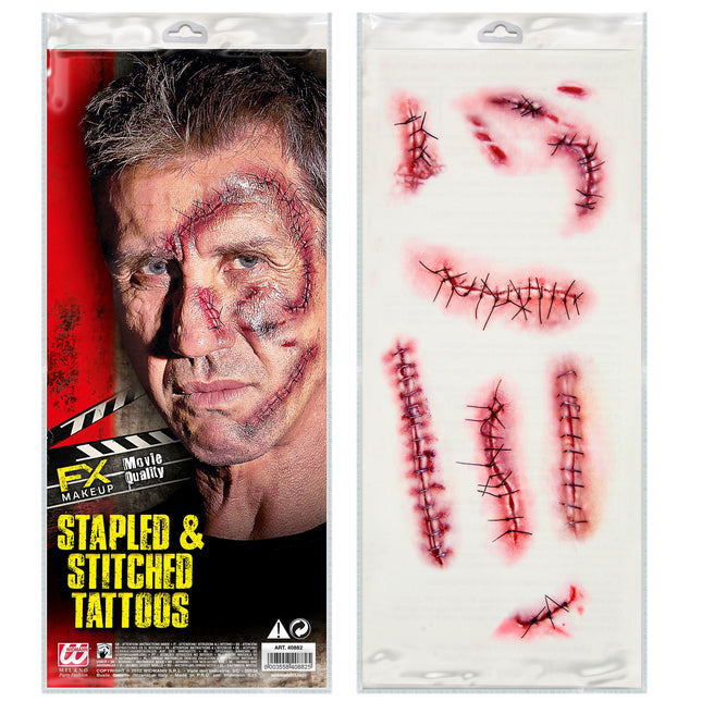 Tatuajes falsos de Halloween Grapas y suturas rojas