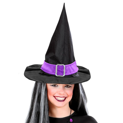 Sombrero de Bruja de Halloween Negro Morado con Cinturón