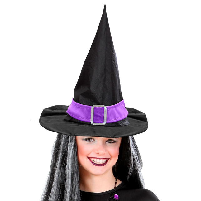 Sombrero de Bruja de Halloween Negro Morado con Cinturón