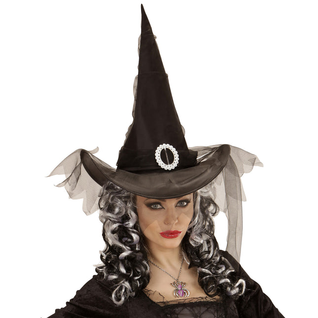Sombrero de Bruja de Halloween Negro con Tul