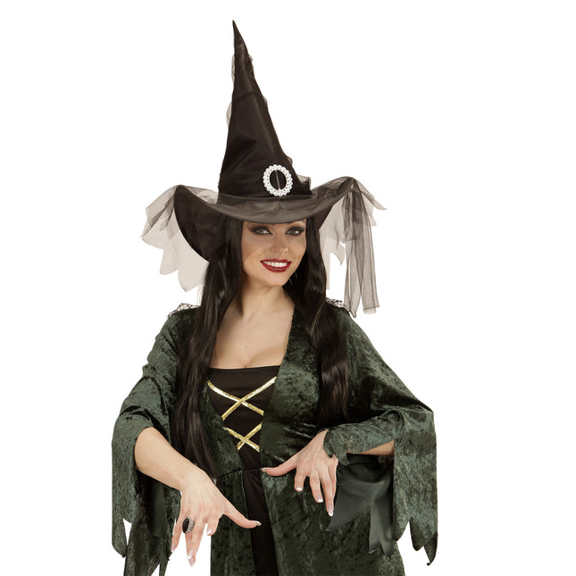 Sombrero de Bruja de Halloween Negro con Tul