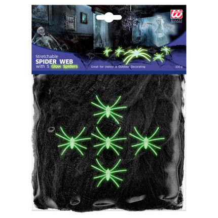 Telaraña Halloween Negra Con 5 Arañas 100gr