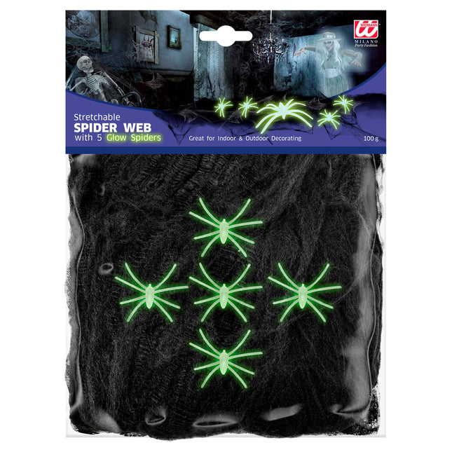 Telaraña Halloween Negra Con 5 Arañas 100gr