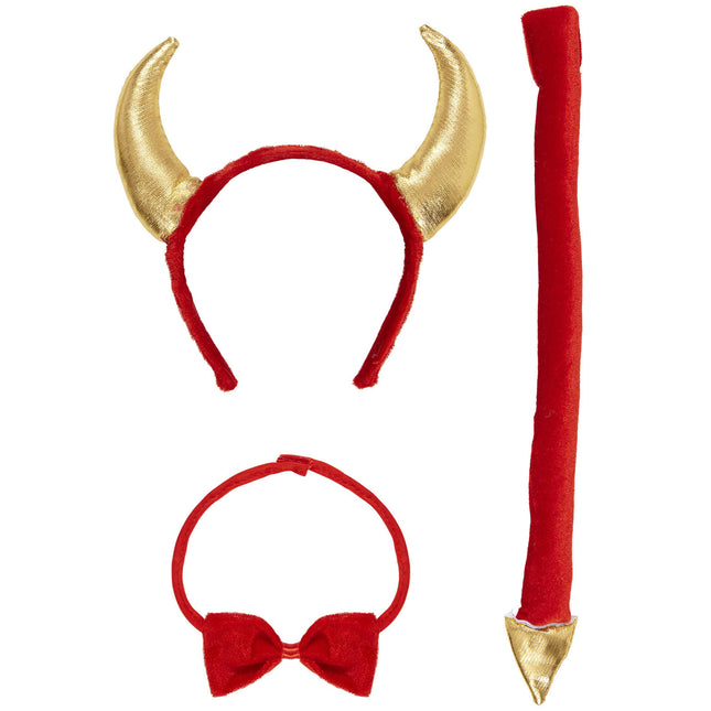 Set de Accesorios de Halloween Diablo Rojo Diadema, Lazo y Cola 3 piezas