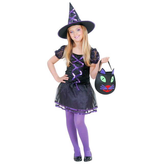 Vestido Halloween Negro Morado Niña Bruja 2 piezas