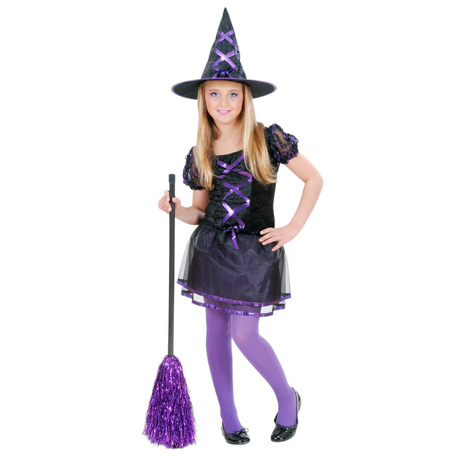 Vestido Halloween Negro Morado Niña Bruja 2 piezas