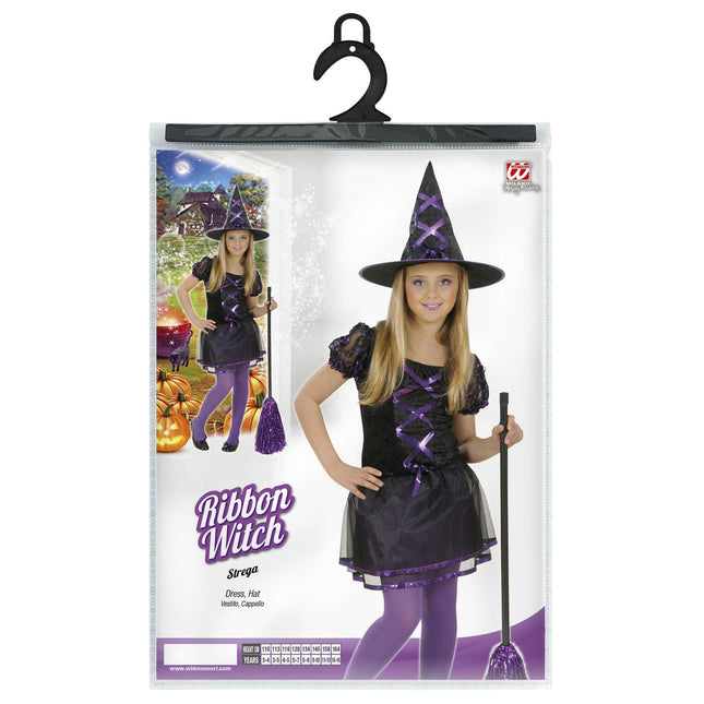 Vestido Halloween Negro Morado Niña Bruja 2 piezas