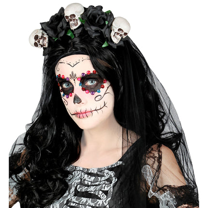Diadema de Halloween Velo de Novia Calavera y Rosa