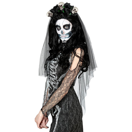 Diadema de Halloween Velo de Novia Calavera y Rosa