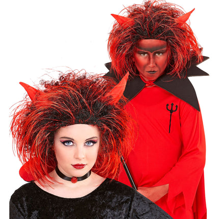 Peluca Halloween Diablo Rojo Negro