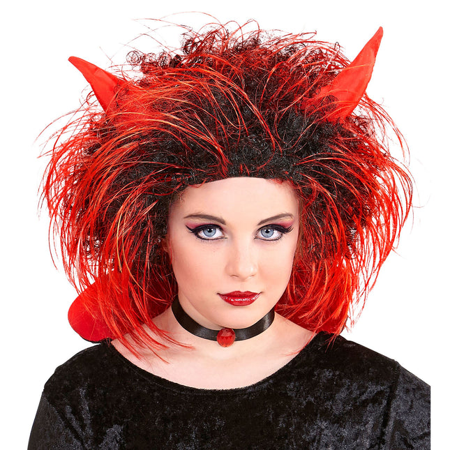 Peluca Halloween Diablo Rojo Negro