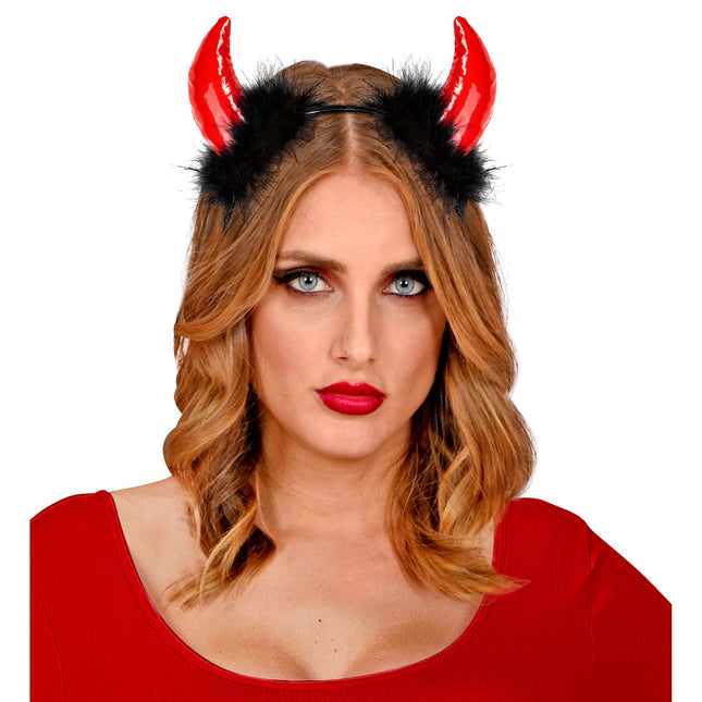 Diadema Halloween Diablo Negro Rojo Con Plumas