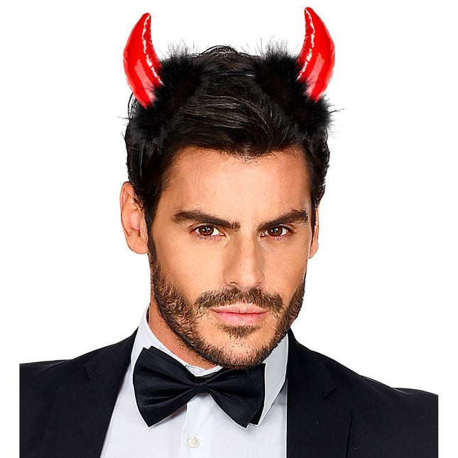 Diadema Halloween Diablo Negro Rojo Con Plumas