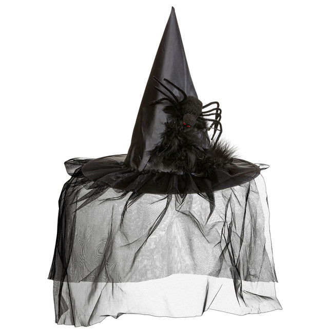 Sombrero de bruja de Halloween con velo y araña