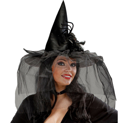 Sombrero de bruja de Halloween con velo y araña