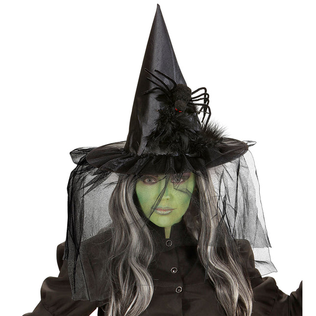 Sombrero de bruja de Halloween con velo y araña