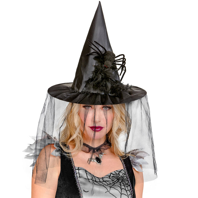 Sombrero de bruja de Halloween con velo y araña