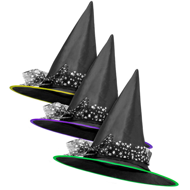 Sombrero de Bruja de Halloween Estrellas Plateadas Negras