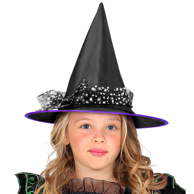 Sombrero de Bruja de Halloween Estrellas Plateadas Negras
