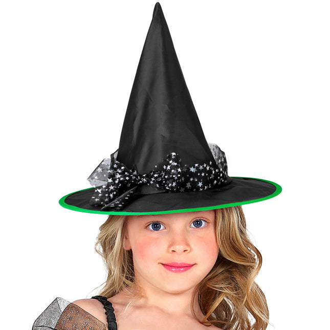 Sombrero de Bruja de Halloween Estrellas Plateadas Negras