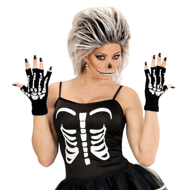 Guantes de Halloween Negro Blanco Esqueleto Sin Dedos