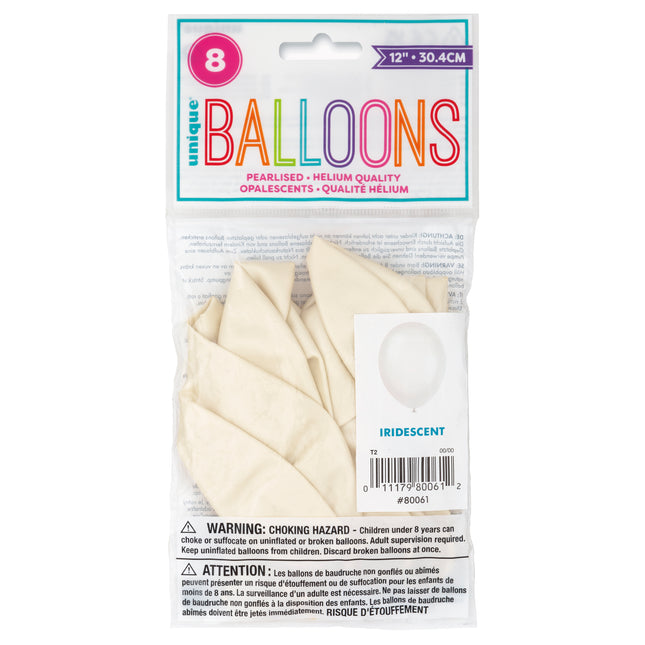 12" Globos Perlados Premium, 8ct - Blanco Iridiscente