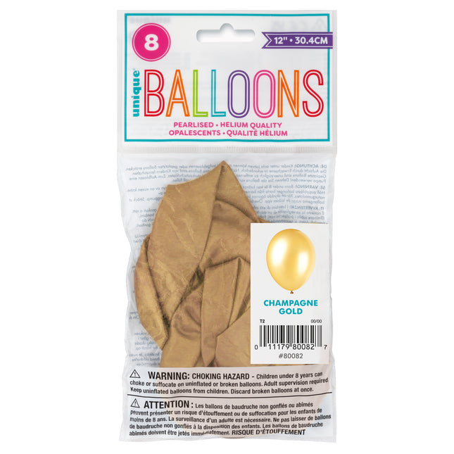 12" Globos Perlados Premium, 8ct - Champán Dorado
