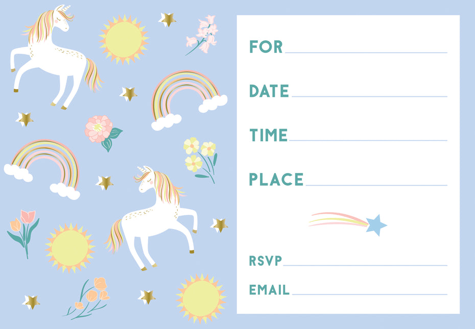 Invitaciones Unicornio Azul/Dorado 8pcs