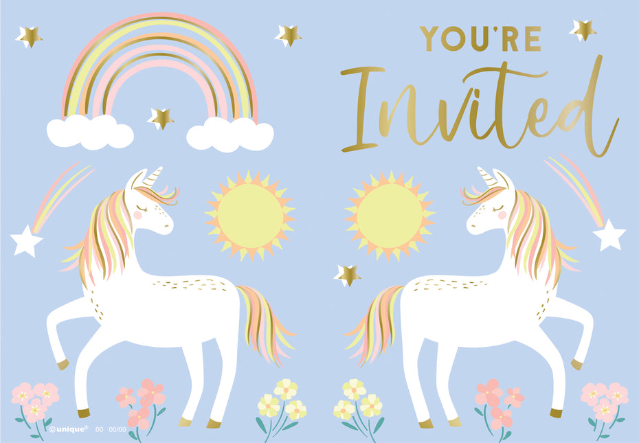 Invitaciones Unicornio Azul/Dorado 8pcs