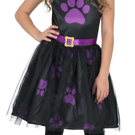 Vestido de Halloween negro para niña con gato morado