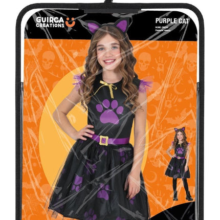Vestido de Halloween negro para niña con gato morado