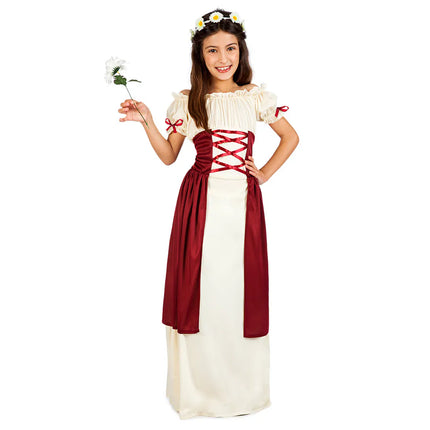 Vestido medieval rojo y blanco para niña
